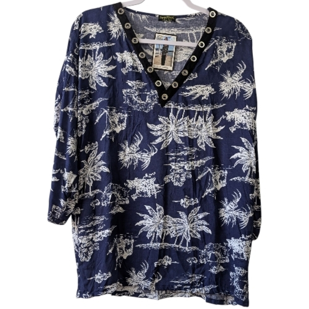 PARIS PINK WOMEN'S NAVY BLUE TROPICAL V-NECK TUNIC SIZE L